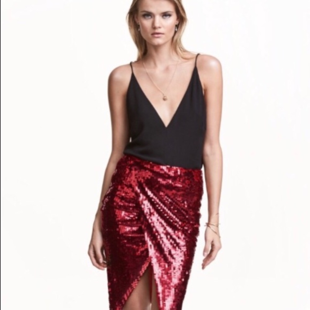 H&M Red Sequins Wrap Skirt